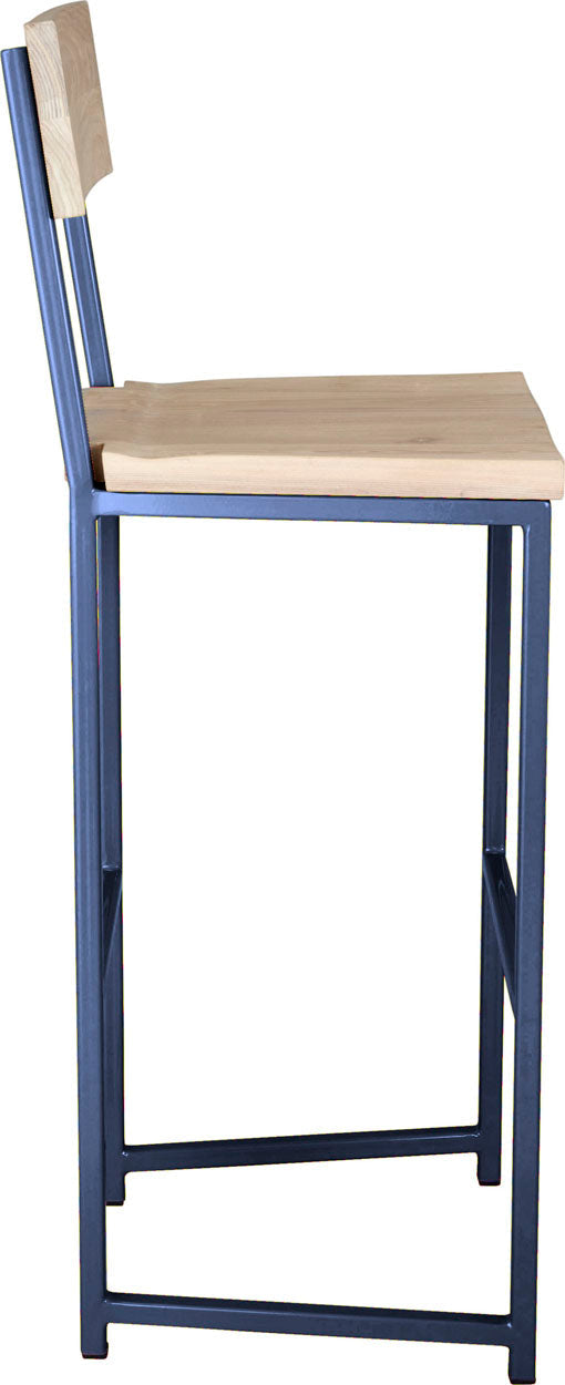 Blue metal stool with back with whitewash stain ash wood made in UK - side view square frame