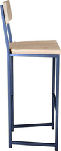 Load image into Gallery viewer, Blue metal stool with back with whitewash stain ash wood made in UK - side view square frame
