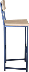 Blue metal stool with back with whitewash stain ash wood made in UK - side view square frame
