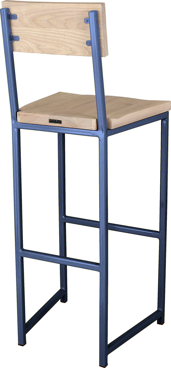 Blue metal stool with back with whitewash stain ash wood made in UK - back side view square frame