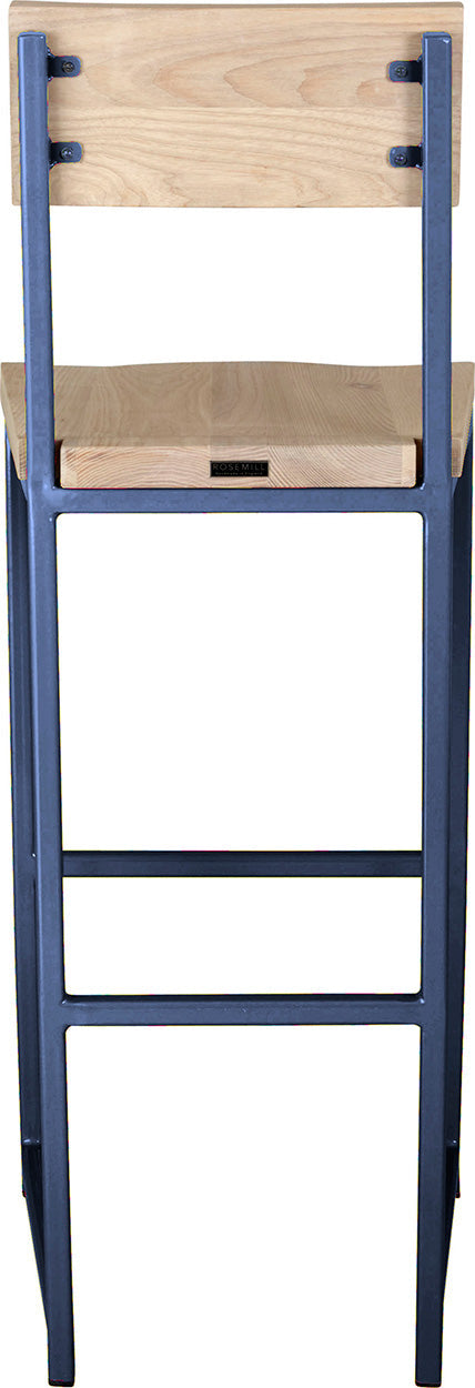 Blue metal stool with back with whitewash stain ash wood made in UK - back view square frame