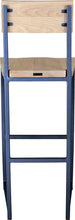 Load image into Gallery viewer, Blue metal stool with back with whitewash stain ash wood made in UK - back view square frame
