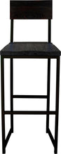 Load image into Gallery viewer, Black metal stool with back with black stain ash wood made in UK - front view square frame
