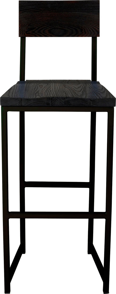Black metal stool with back with black stain ash wood made in UK - front view square frame