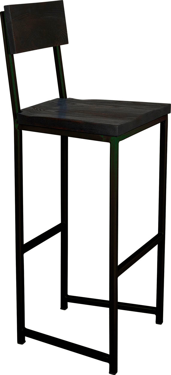 Black metal stool with back with black stain ash wood made in UK - angle view square frame