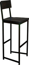 Load image into Gallery viewer, Black metal stool with back with black stain ash wood made in UK - angle view square frame
