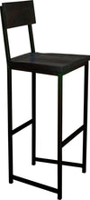 Load image into Gallery viewer, Black metal stool with back with black stain ash wood made in UK - angle view square frame
