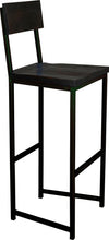 Load image into Gallery viewer, Black metal stool with back with black stain ash wood made in UK - angle view square frame
