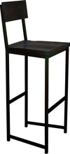 Load image into Gallery viewer, Black metal stool with back with black stain ash wood made in UK - angle view square frame

