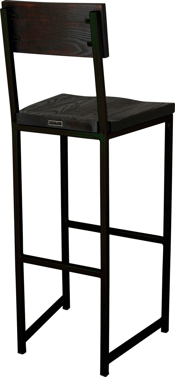 Black metal stool with back with black stain ash wood made in UK - back side view square frame
