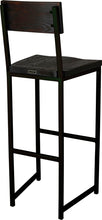 Load image into Gallery viewer, Black metal stool with back with black stain ash wood made in UK - back side view square frame
