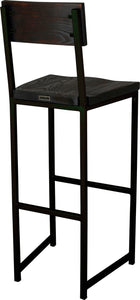 Black metal stool with back with black stain ash wood made in UK - back side view square frame