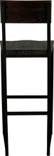 Load image into Gallery viewer, Black metal stool with back with black stain ash wood made in UK - back view square frame
