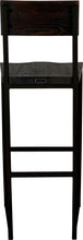 Load image into Gallery viewer, Black metal stool with back with black stain ash wood made in UK - back view square frame
