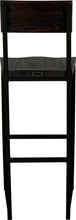 Load image into Gallery viewer, Black metal stool with back with black stain ash wood made in UK - back view square frame
