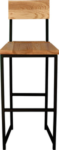 Black metal stool with back with natural stain ash wood made in UK - front view square frame