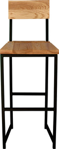 Black metal stool with back with natural stain ash wood made in UK - front view square frame