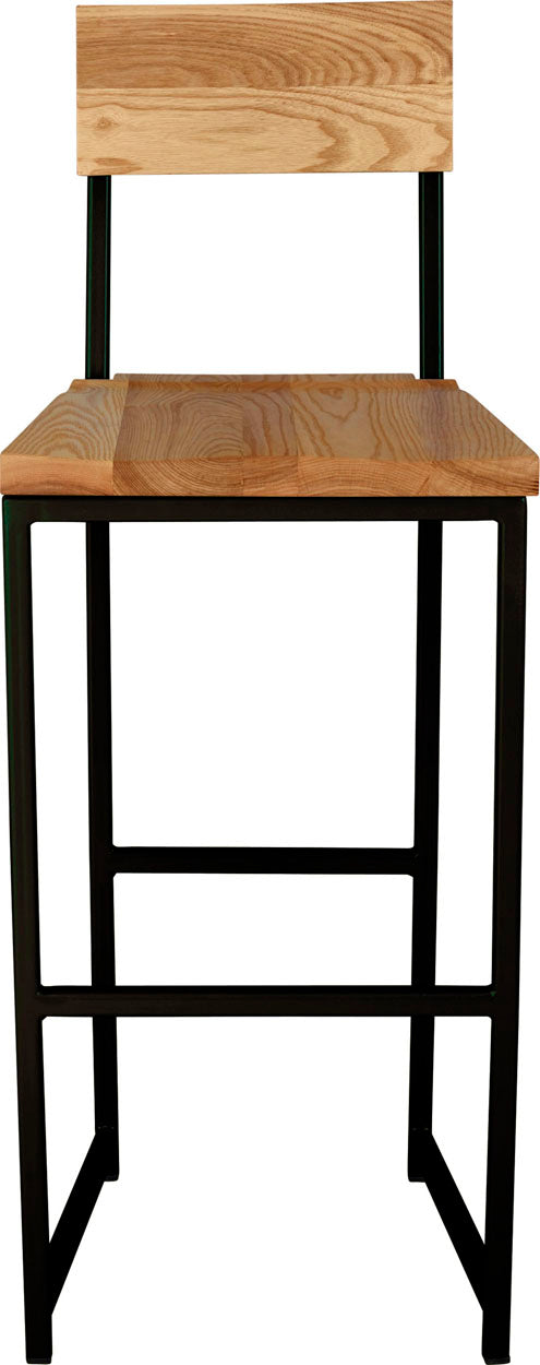 Black metal stool with back with natural stain ash wood made in UK - front view square frame