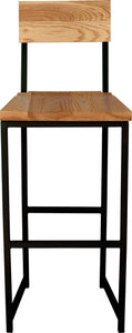 Black metal stool with back with natural stain ash wood made in UK - front view square frame