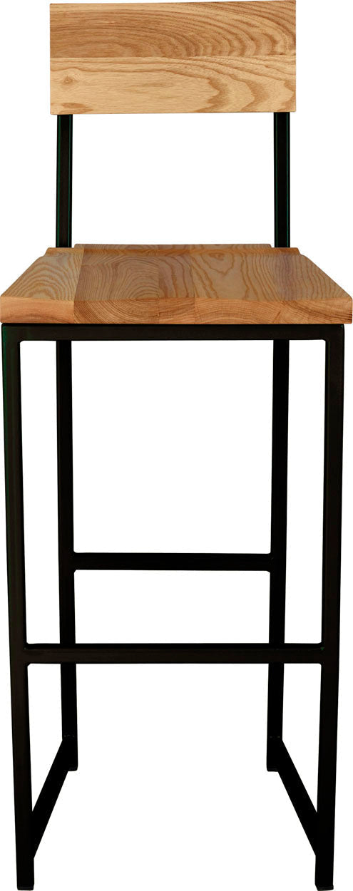 Black metal stool with back with natural stain ash wood made in UK - front view square frame