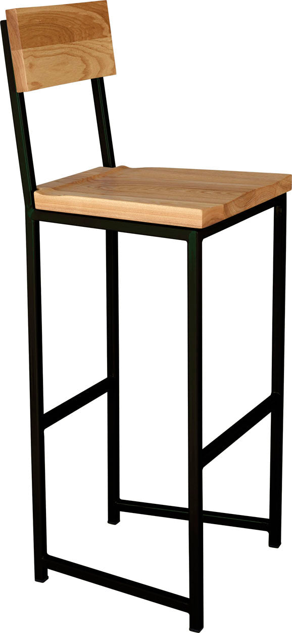 Black metal stool with back with natural stain ash wood made in UK - angle view square frame