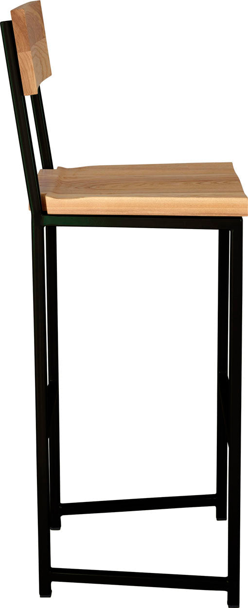 Black metal stool with back with natural stain ash wood made in UK - side view square frame