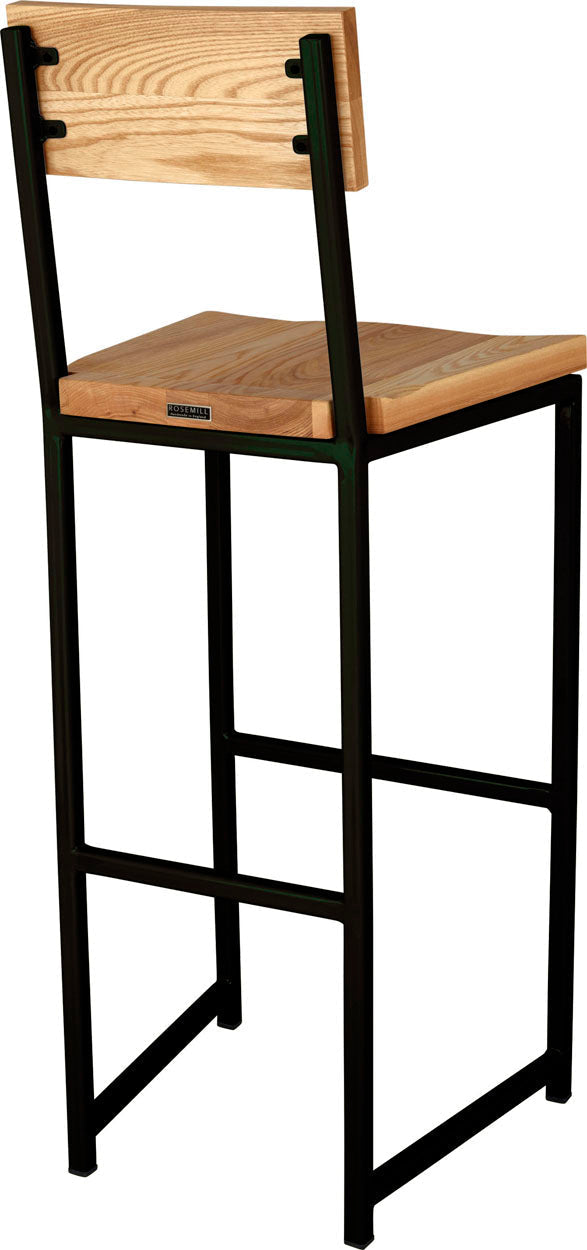 Black metal stool with back with natural stain ash wood made in UK - back side view square frame