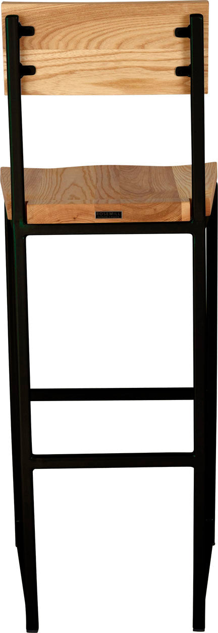 Black metal stool with back with natural stain ash wood made in UK - back view square frame