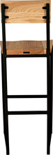 Load image into Gallery viewer, Black metal stool with back with natural stain ash wood made in UK - back view square frame
