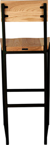 Black metal stool with back with natural stain ash wood made in UK - back view square frame