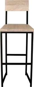 Black metal stool with back with whitewash stain ash wood made in UK - front view square frame