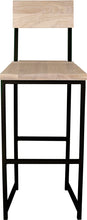 Load image into Gallery viewer, Black metal stool with back with whitewash stain ash wood made in UK - front view square frame
