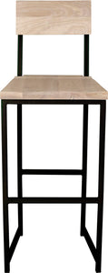 Black metal stool with back with whitewash stain ash wood made in UK - front view square frame