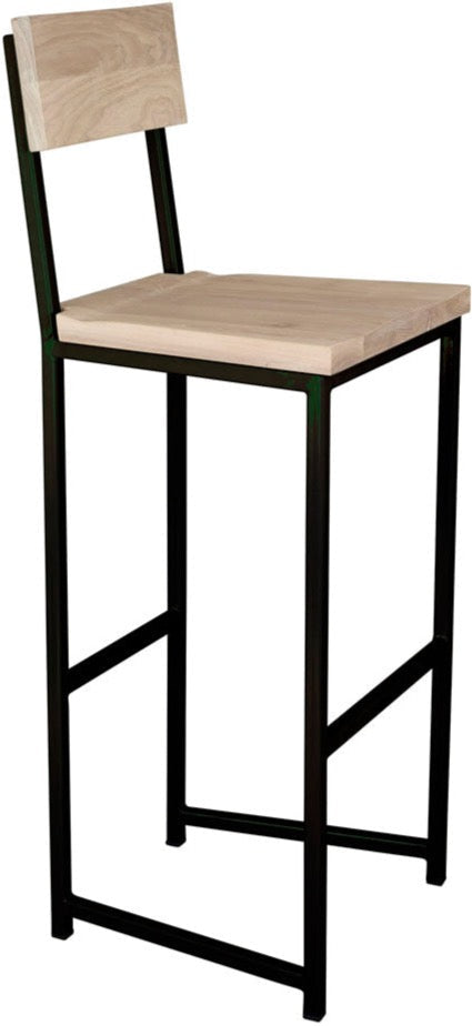 Black metal stool with back with whitewash stain ash wood made in UK - angle view square frame