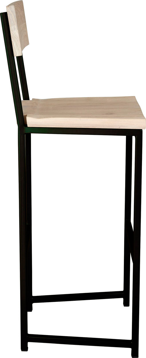 Black metal stool with back with whitewash stain ash wood made in UK - side view square frame