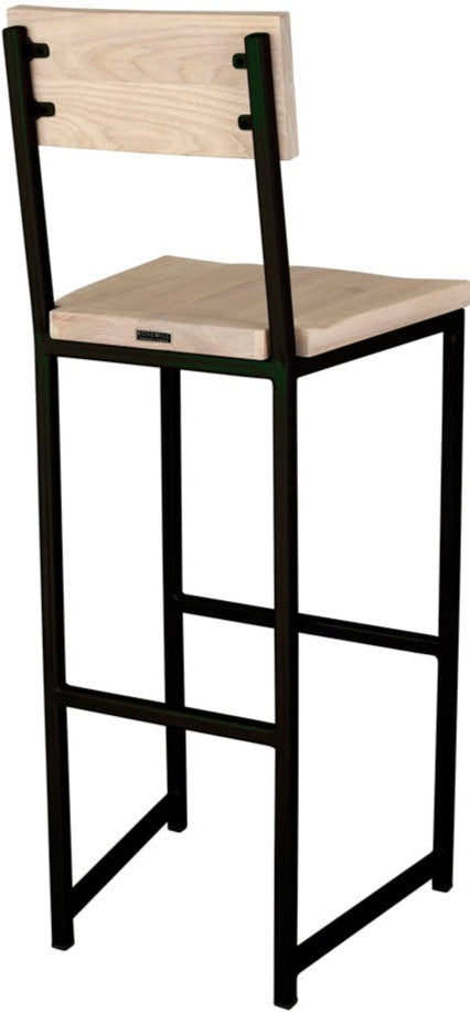 Black metal stool with back with whitewash stain ash wood made in UK - back side view square frame