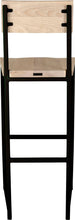 Load image into Gallery viewer, Black metal stool with back with whitewash stain ash wood made in UK - back view square frame
