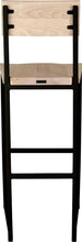 Load image into Gallery viewer, Black metal stool with back with whitewash stain ash wood made in UK - back view square frame

