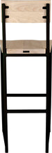 Load image into Gallery viewer, Black metal stool with back with whitewash stain ash wood made in UK - back view square frame
