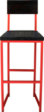 Load image into Gallery viewer, Red metal stool with back with black stain ash wood made in UK - front view square frame
