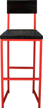 Load image into Gallery viewer, Red metal stool with back with black stain ash wood made in UK - front view square frame
