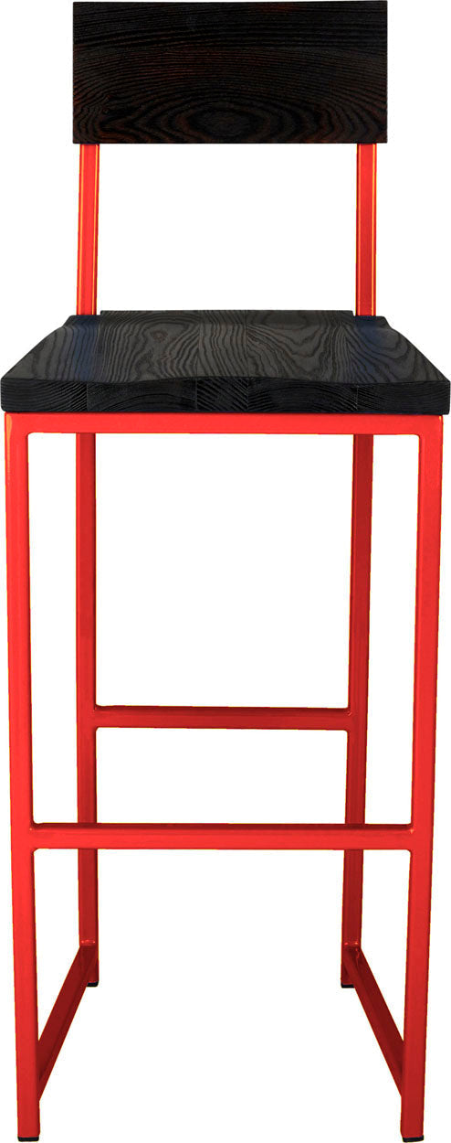 Red metal stool with back with black stain ash wood made in UK - front view square frame