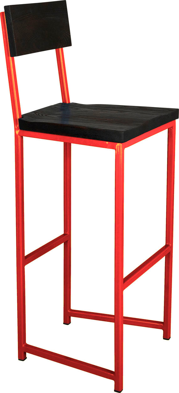 Red metal stool with back with black stain ash wood made in UK - angle view square frame