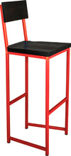 Load image into Gallery viewer, Red metal stool with back with black stain ash wood made in UK - angle view square frame
