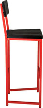 Load image into Gallery viewer, Red metal stool with back with black stain ash wood made in UK - side view square frame
