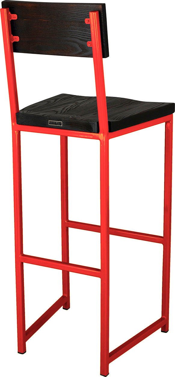 Red metal stool with back with black stain ash wood made in UK - back side view square frame