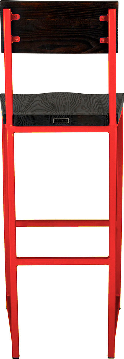 Red metal stool with back with black stain ash wood made in UK - back view square frame