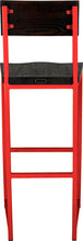 Load image into Gallery viewer, Red metal stool with back with black stain ash wood made in UK - back view square frame

