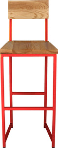 Red metal stool with back with natural stain ash wood made in UK - front view square frame