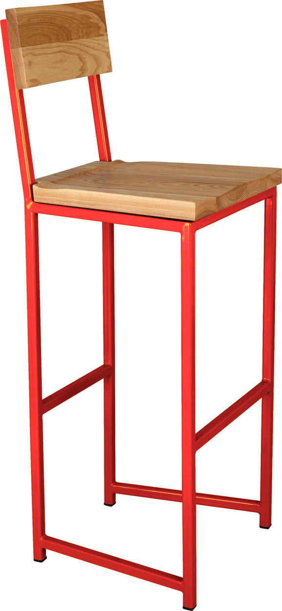 Red metal stool with back with natural stain ash wood made in UK - angle view square frame